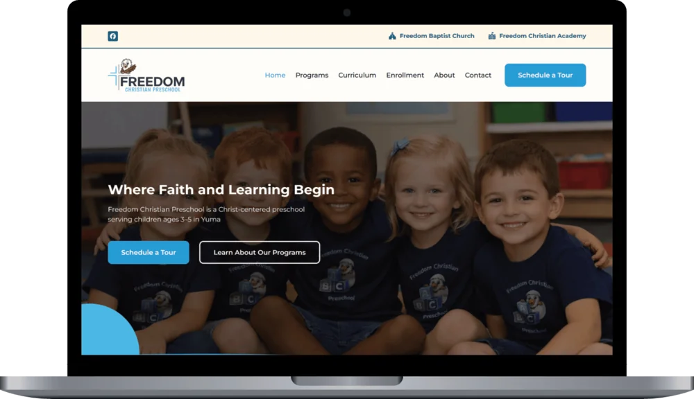 Image of the Freedom Christian Preschool website on a laptop screen